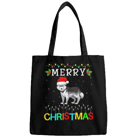 Dog Husky Siberian Husky Dog Merry Christmas Light Style Matching Xmas Bags