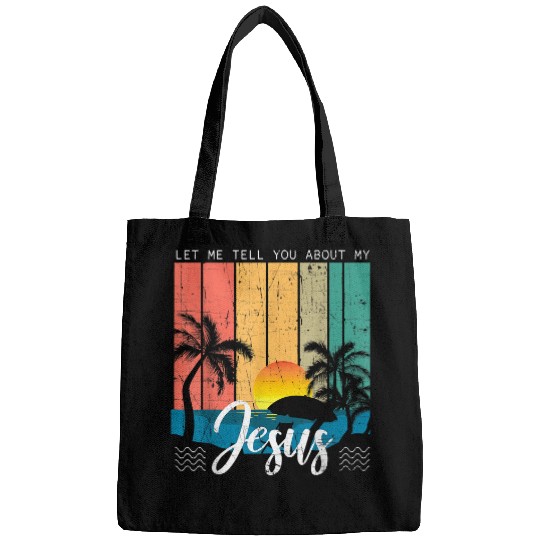 Christian Retro Let Me Tell You About My Jesus Beach Sunset Distressed Christ Bags