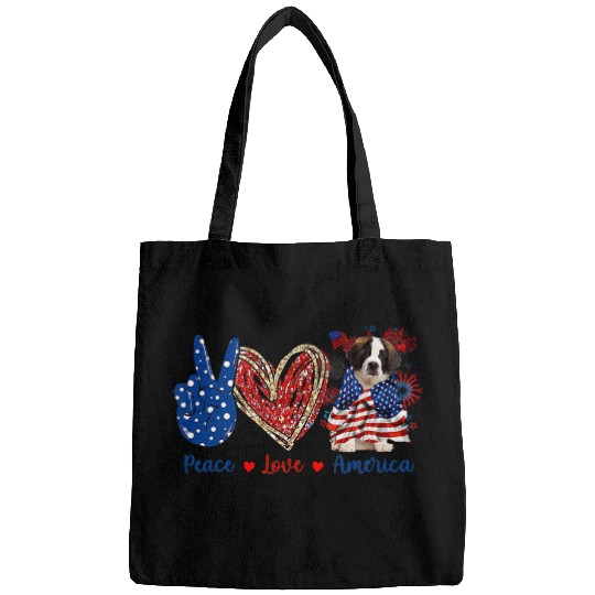 Dog Saint Bernard Peace Love Saint Bernard Dog Patriotic America Flag 4th July Bags