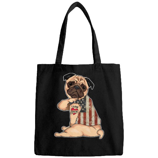 Pug Lover I Love uncle Tattoo American Flag Fathers Day Pugs Dog Bags