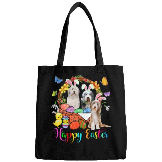 Three Bunny Bearded Collie Dogs In Easter Eggs Basket Bags