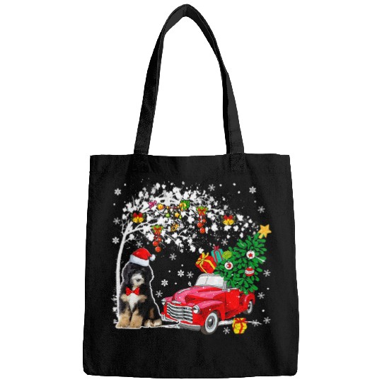Santa Bernedoodle Red Pickup Truck Carrying Christmas Tree Bags