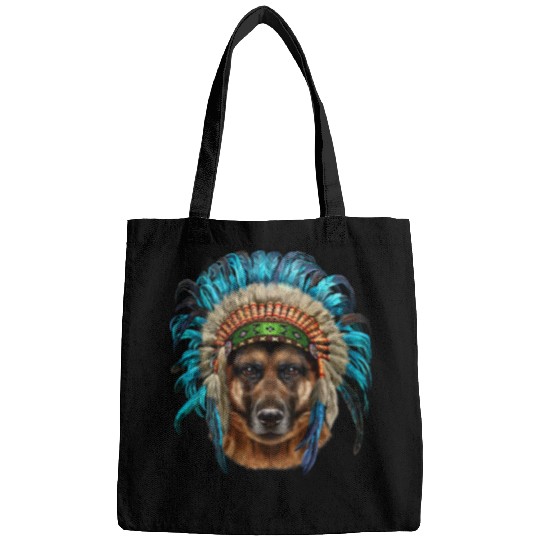 GSD in American Indian Warrior Headdress German Shepherd Dog Dog Bags