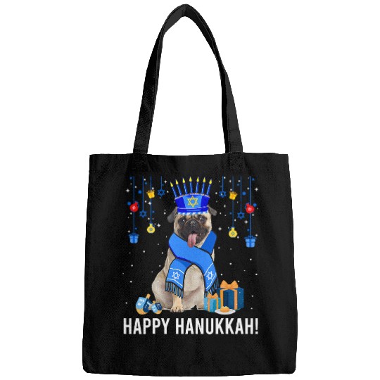 Pug Lover Funny Pug Menorah Hat Christmas Happy Hanukkah Jewish 322 Pugs Dog Bags