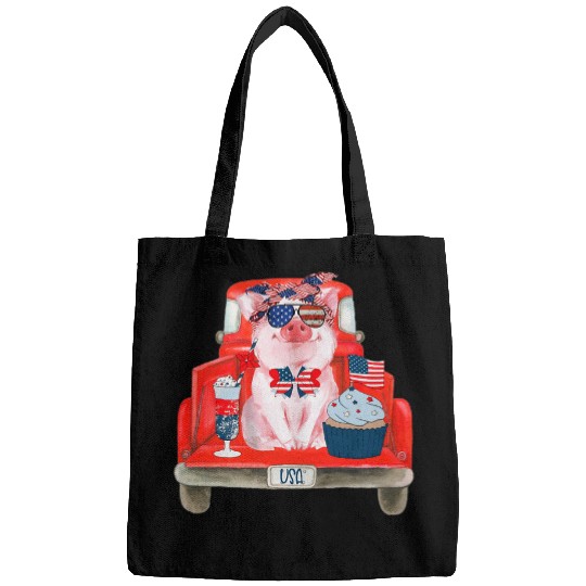4th of july pig red farm truck farmer patriotic usa flag Bags