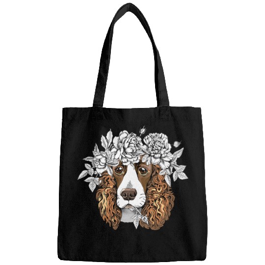 Dog Cocker Spaniel Cute Spaniel dog in a flower head wreath Cocker Spaniel Bags