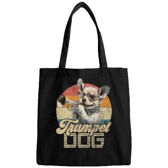 Funny Trumpet vintages Retro Dog Playing Trumpet Trumpeter Puppy Lover 1 Bags