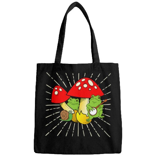 Funny Banjo Cottagecore Aesthetic Frog Playing Banjo Mushroom Snail Toad Bags