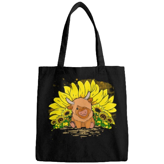 Cow Lover Cute Sunflower Animal Farmer Floral Scottish Highland Cow Bags