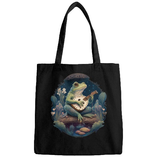 Funny Banjo Frog Cottagecore Aesthetic Frog Playing Banjo on Mushroom Cute Bags
