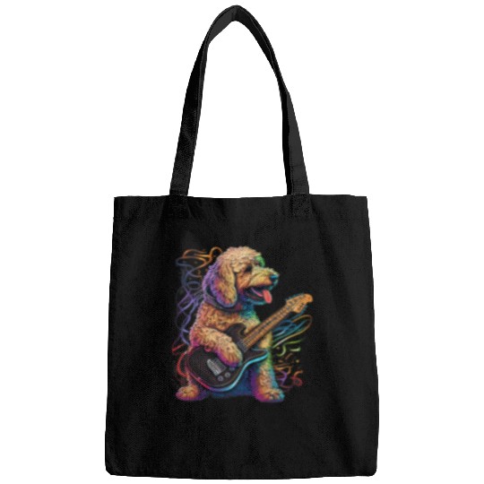 Funny Guitar Dog Goldendoodle Playing Electric Guitar Rock Bags