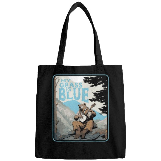 Funny Banjo Cute Cottagecore Grizzly Bear Playing Banjo My Grass Is Blue Bags