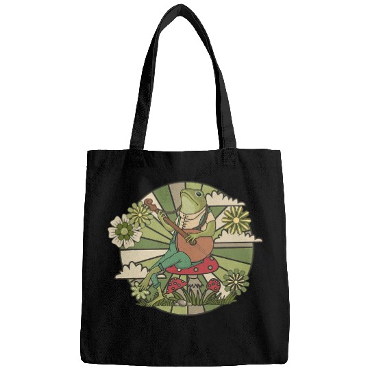 Funny Banjo Frog Cottagecore Aesthetic Frog Playing Banjo on Mushroom Country Bags