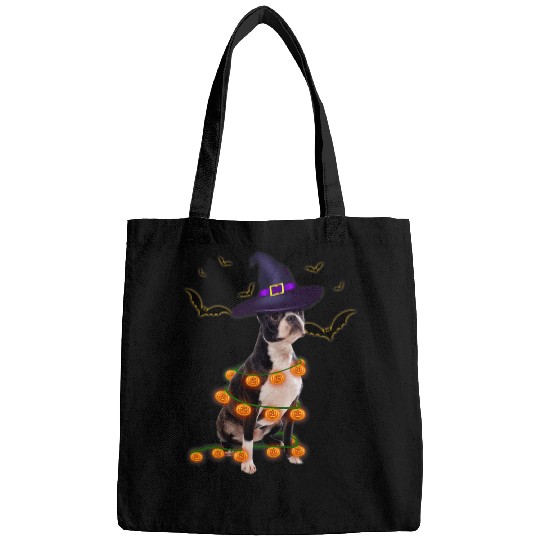 Boston Terrier Pet Wizard Hat Tree Lights Pumpkin Halloween Tee Bags