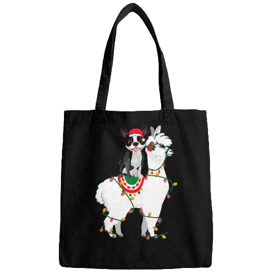 Boston Terrier Pet Riding Llama Lights Santa Funny Christmas Bags