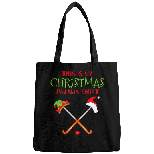 Sport Hockey This Is My Christmas Pajama Field Hockey Santa Elf Tee Bags