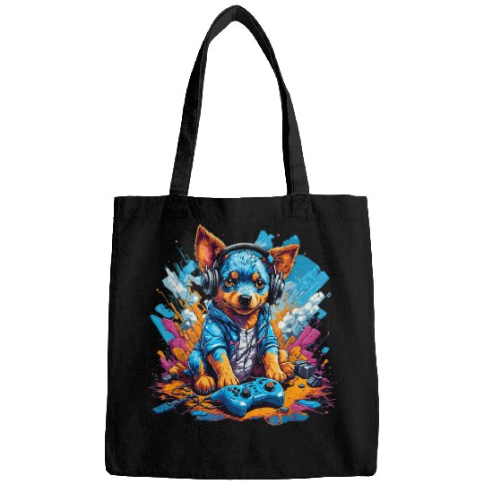 Heeler Pet Gaming Graffiti Blue Heeler Puppy in Headphones Graphic Tee 3 Bags