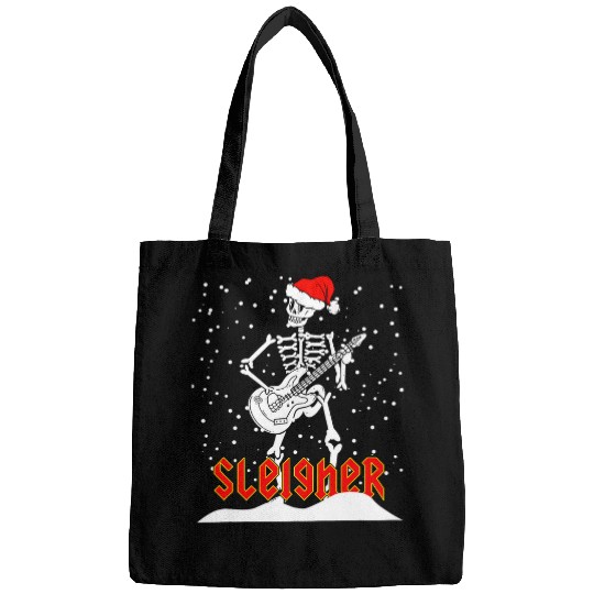 Funny Guitar Sleigher Skeletons Santa Playing Electric Guitar Christmas Skull Bags