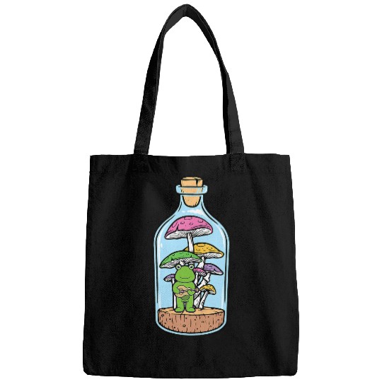 Funny Banjo Frog Cottagecore Aesthetic Frog with Banjo in a Mushroom Bottle Bags