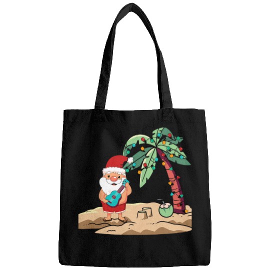 Funny Ukulele Christmas in July Santa with Ukulele on Hawaiian Beach Bags