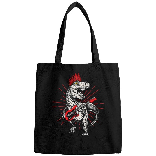 Funny Guitar Punk Rock TRex Mohawk Playing Guitar Rock n Roll Dinosaur Bags
