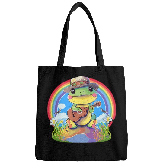 Funny Banjo Frog Kawaii Cottagecore Frog Playing Banjo Pastel Rainbow Bags