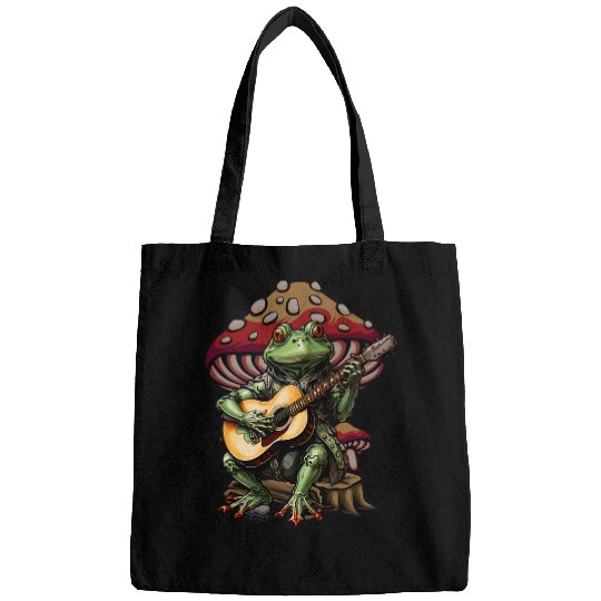 Funny Guitar Cottagecore Frog Playing Guitar Goblincore Toad Frog Lovers1 Bags