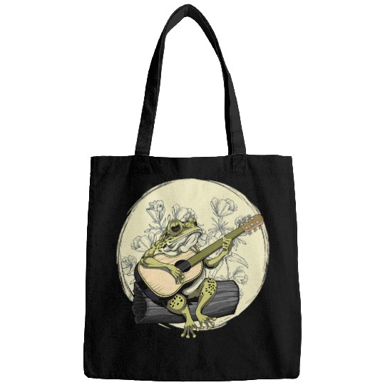 Funny Guitar Cottagecore Aesthetic Frog Toad Playing Guitar Banjo on Log Bags