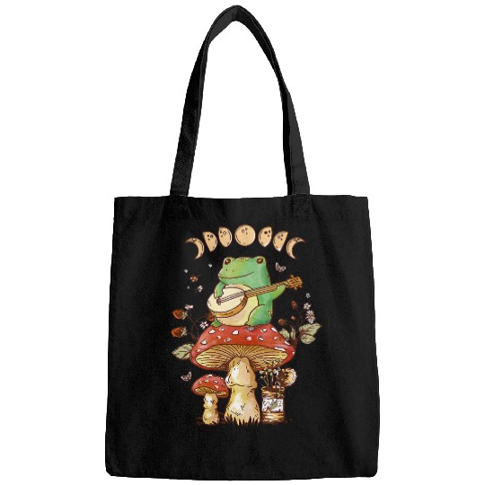 Funny Banjo Frog Cottagecore Frog With Banjo Mushroom Moon Fairycore Mycology Bags
