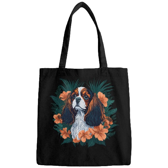 Cavalier Pet Smiling Cavalier King Charles Spaniel Dog Flowers Floral Bags