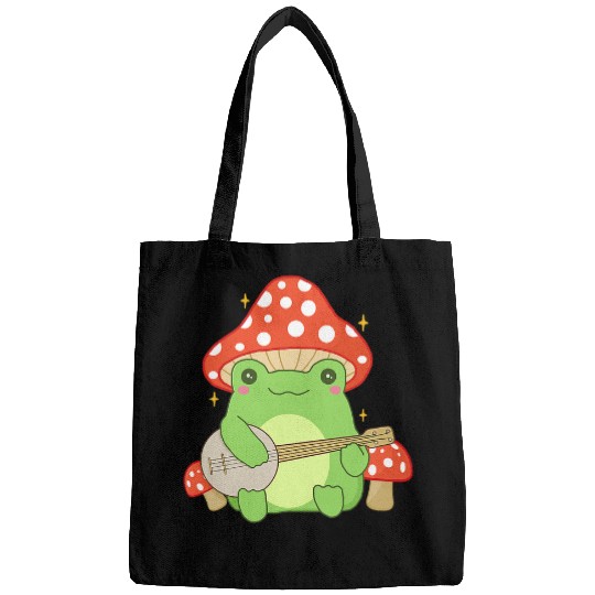 Funny Banjo Frog With Mushroom Hat Playing Banjo Cottagecore Aesthetic Bags