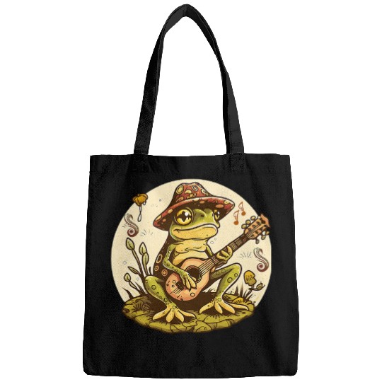 Funny Guitar Green Frog Cottagecore Frog Playing His Acoustic Guitarist Bags