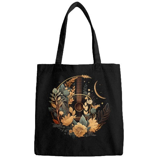 Funny Guitar Cottagecore Acoustic Guitar Moon Sun Plants Lover Guitarist Bags