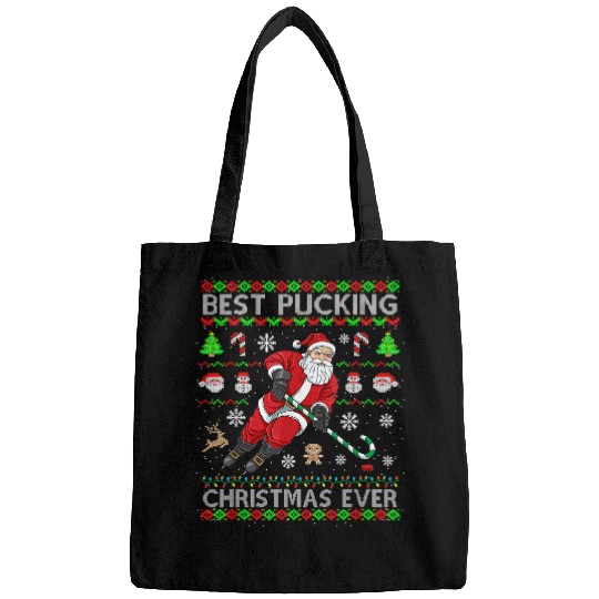 Sport Hockey bests Pucking Christmas Ever Ice Hockey Santa Ugly Sweater Bags