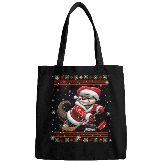 Sport Hockey Santa Otter Playing Hockey Christmas Sweater Player Lover Bags