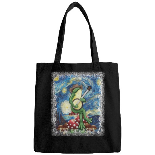 Funny Banjo Frog Starry Night By Van Gogh Frog Playing Banjo Aesthetic Womens Bags