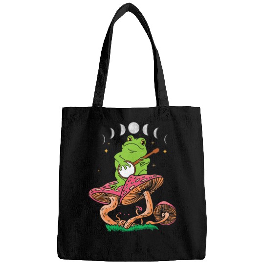 Funny Banjo Frog playing banjo on mushroom Cottagecore Aesthetic 69 Bags