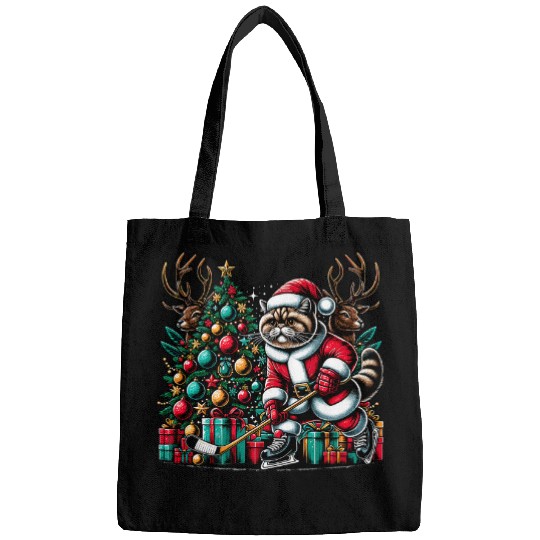 Sport Hockey Santa Exotic Shorthair Cat Playing Hockey Christmas Bags