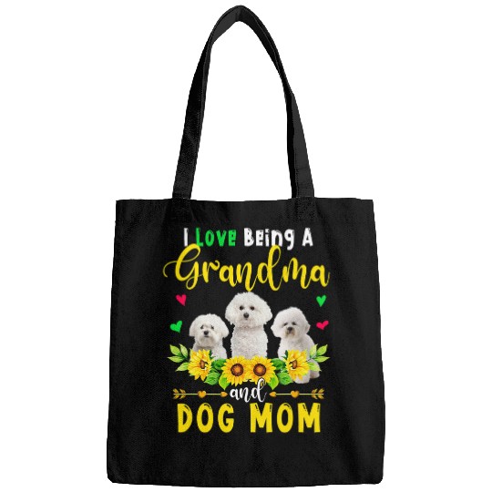 Bichon Pet Frise I Love Being A Grandma And Dog Mom Bichon Frise Sunflowers Bags