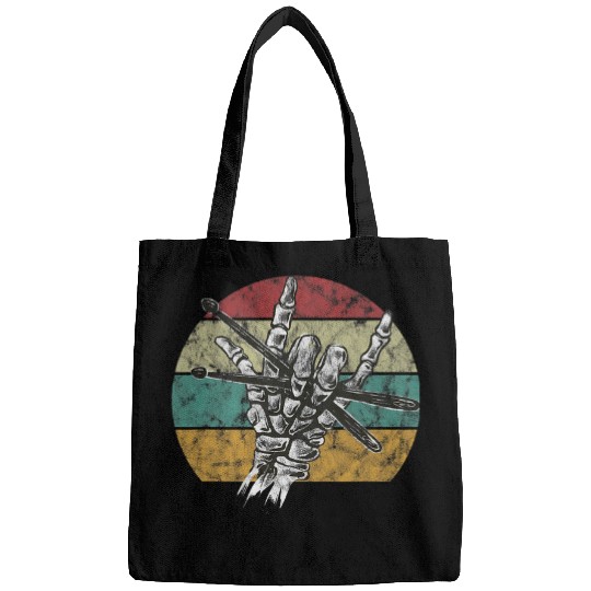 Funny Drummer Retro Graphic Skeletons Hand Holding Drum Stick Rock Music Bags