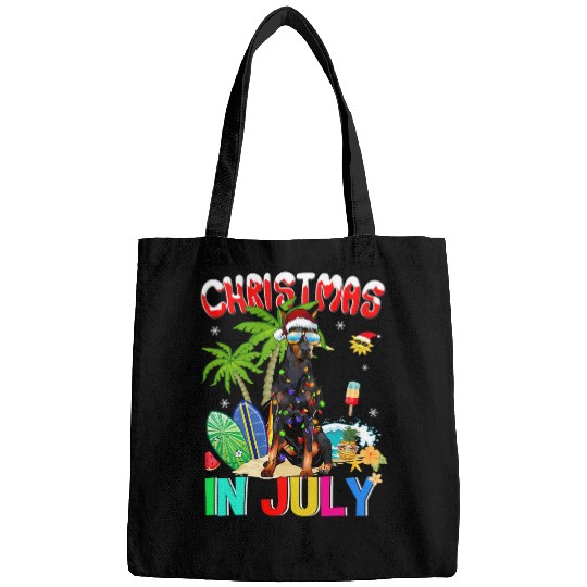 Doberman Pet Pinscher in Santa Hat Sunglasses Christmas In July Bags