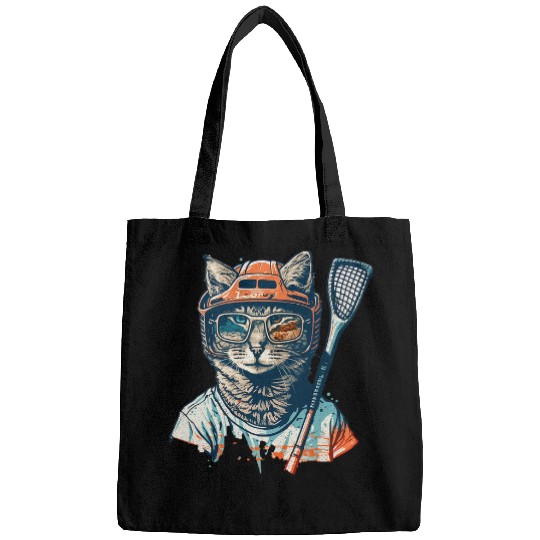 Sport Lacrosse Cat vintages Retro Cat Playing Lacrosse Lax Stick Kitties Lover 1 Bags