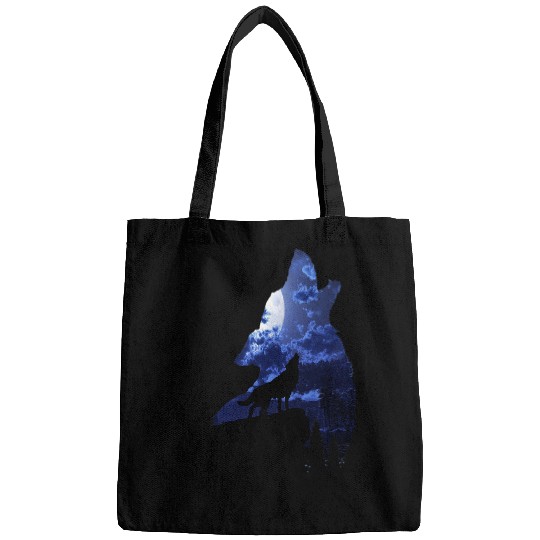 Coyote Mammal Cool Howling wolfs on cliff moon light blue night sky nature Bags