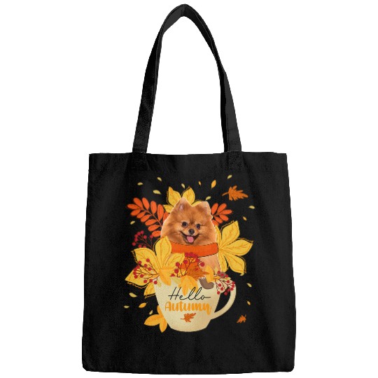 Pomeranian Pet Hello Autumn Thanksgiving Pomeranian Inside Cup Fall Leaves Bags