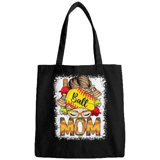 Sport Softball Ball Mom Messy Bun Bleached Mothers Day Leopard Softball Mom Bags