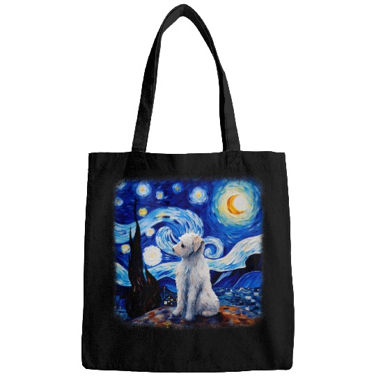 Maltese Pet Dog in starry night van gogh Bags