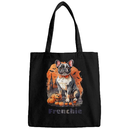 French Bulldog Pet with pumpkin Halloween moon scary cemetery Bags