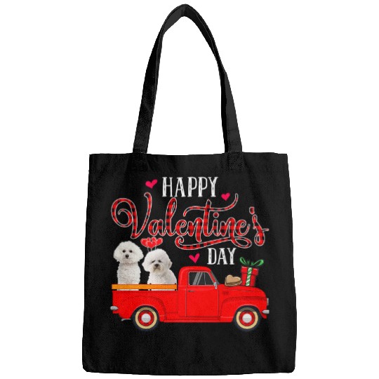 Bichon Pet Frise Happy Valentines Day Funny Plaid Red Truck Bichon Frise Bags