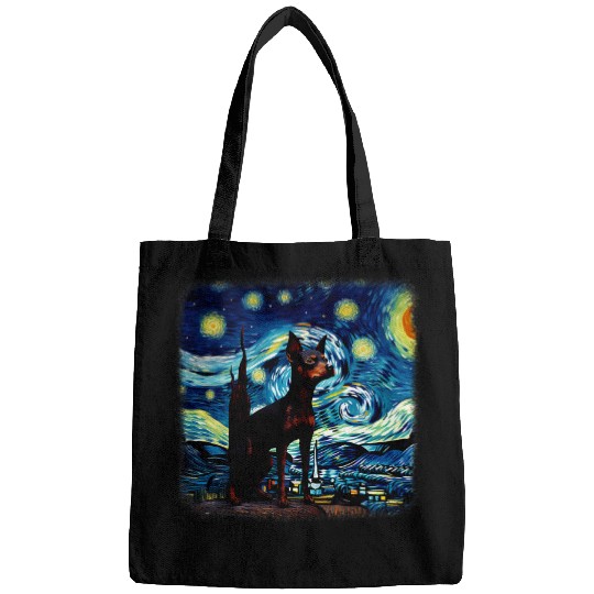Miniature Pinscher Pet in starry night van gogh Bags