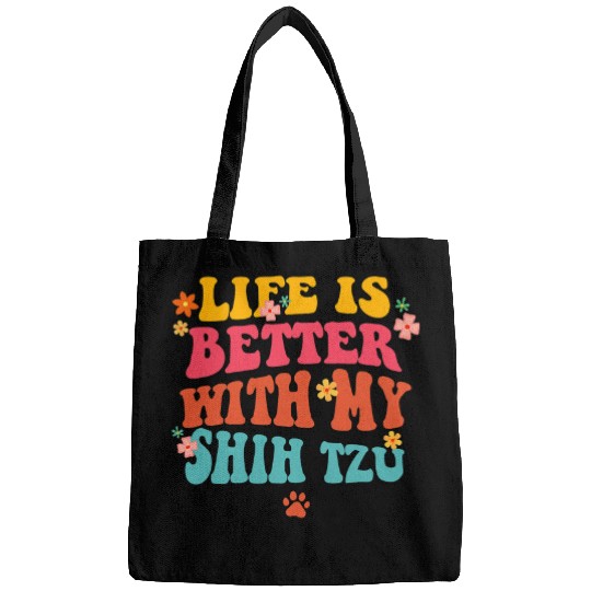 Shih Tzu Pet Life Is Better With My Shih Tzu Mom Groovy Dog Lover Retro Bags